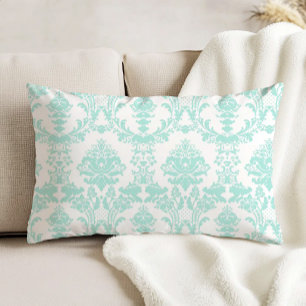Almofada Decorativa Padrão de Damasco Antigo Ornamentado Aqua sobre Br