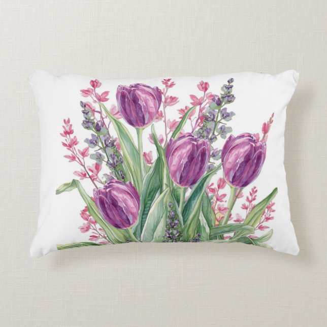 Almofada Decorativa Padrão de Flores de Tulipa Roxa Elegante Roxo (Frente)