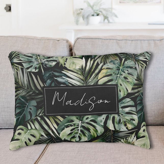 Almofada Decorativa Padrão de Folhas Tropicais Verde de Aquarela (In situ)