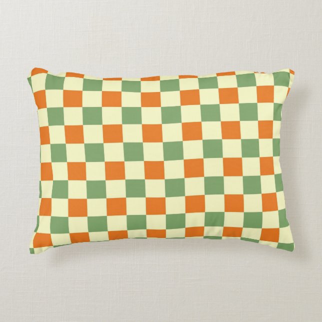 Almofada Decorativa Padrão de Gingham - Laranja Verde Marrom (Frente)