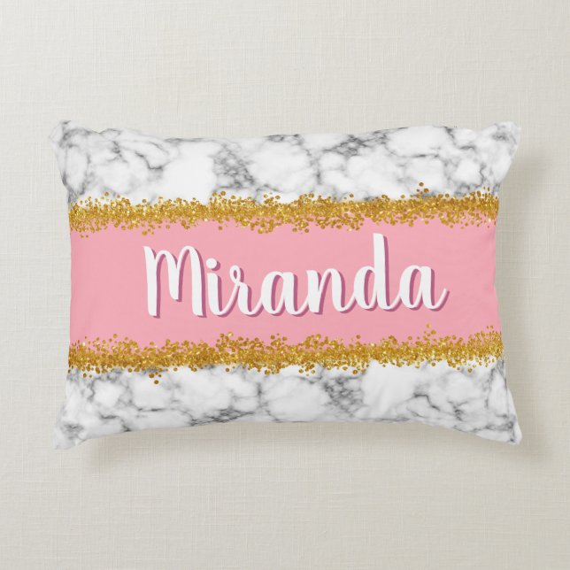 Almofada Decorativa Padrão de mármore a rosa com brilho Dourado (Frente)