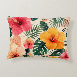 Almofada Decorativa Padrão Floral de Hibisco Tropical Vibrante Sem Cos
