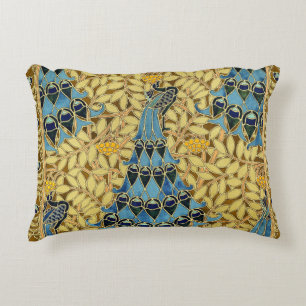Almofada Decorativa Padrão Floral de Pavão Azul Art Nouveau Antigo