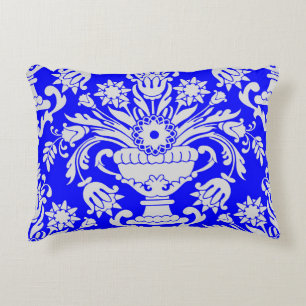 Almofada Decorativa Padrão Floral do Damasco Azul e Branco Elegante