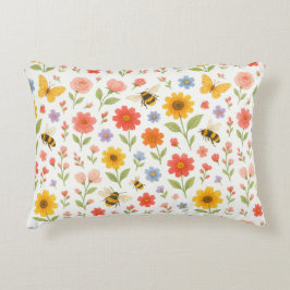 Almofada Decorativa Padrão Floral e de Abelha Laranja Rosa Amarelo