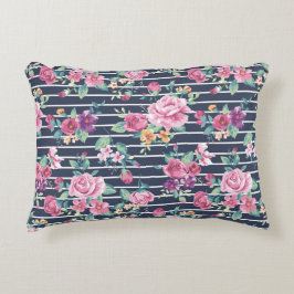 Almofada Decorativa Padrão Floral em Rosas de Stripe Púrpura Rosa