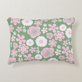 Almofada Decorativa Padrão Floral Retro Verde Rosa Branco Y2K Anos 70