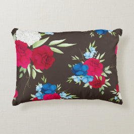 Almofada Decorativa Padrão Floral Vermelho Azul Elegante em Marrom Esc