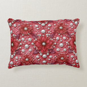 Almofada Decorativa Padrão Floral Vermelho Com Acentos de Pérola