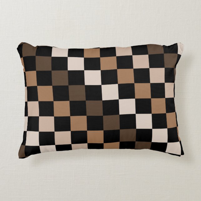 Almofada Decorativa Padrão Gingham Preto-Castanho Verificado (Frente)
