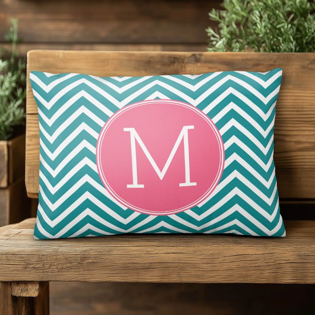 Almofada Decorativa Padrão Girly Chevron com Monograma - Teal Rosa (Cute Monogram Accent Pillow)