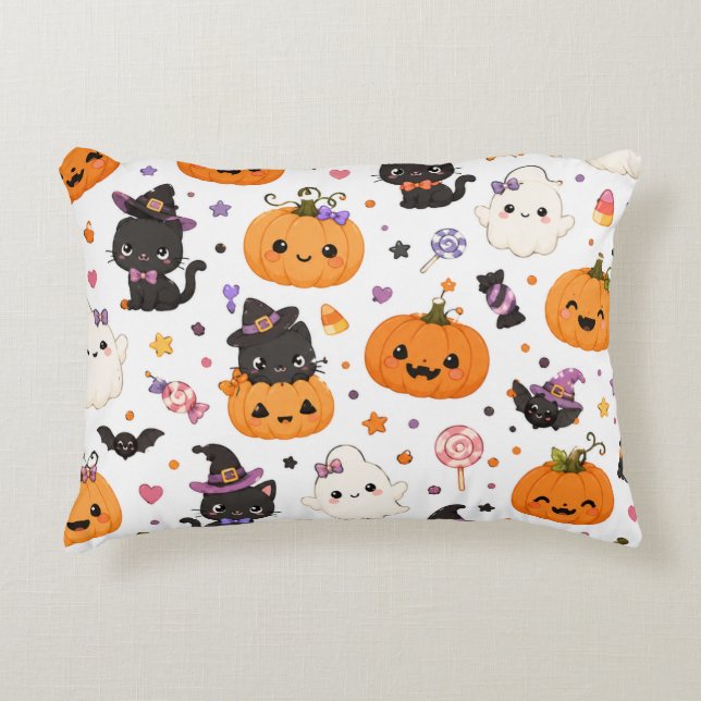 Almofada Decorativa Padrão Kawaii de Halloween com Abóboras Fofas (Frente)