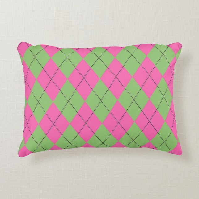 Almofada Decorativa Padrão Neon Pink Green Argyle (Frente)