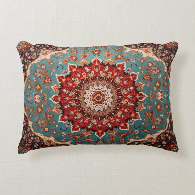 Almofada Decorativa Padrão Oriental Vermelho Creme Azul (Frente)
