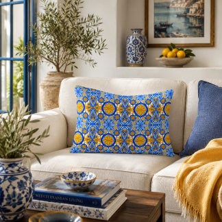 Almofada Decorativa Padrão Português Azul Amarelo Mediterrâneo