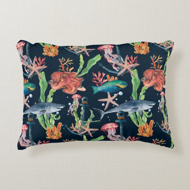 Almofada Decorativa Padrão sem costura aquarela com tubarão e laminar (Frente)