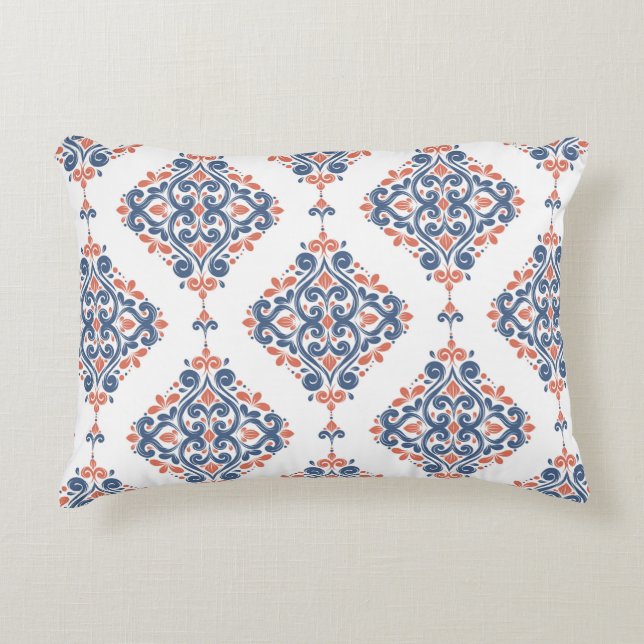 Almofada Decorativa Padrão sem costura azul e laranja ornamental. Vint (Frente)