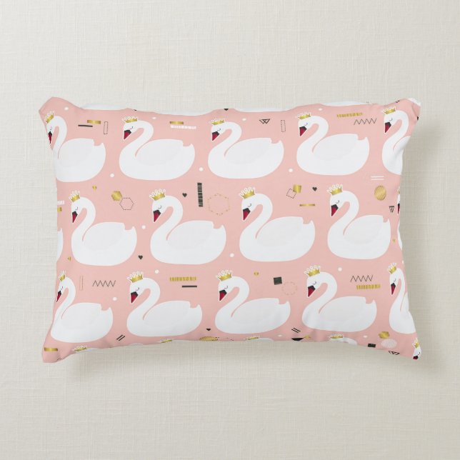 Almofada Decorativa Padrão sem costura com cisnes brancas. (Frente)