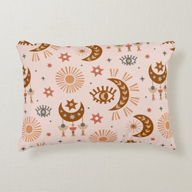 Almofada Decorativa padrão sem costura com o olho celeste, lua, sol (Frente)