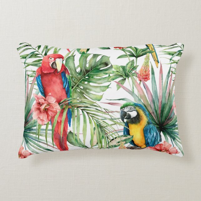 Almofada Decorativa Padrão sem costura tropical aquarela com papagaios (Frente)
