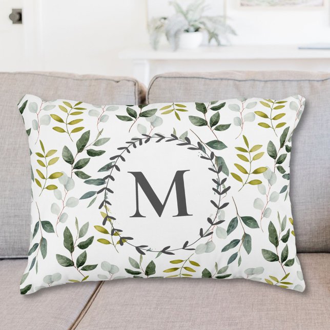 Almofada Decorativa Padrão Tropical de Eucalipto Monograma (In situ)