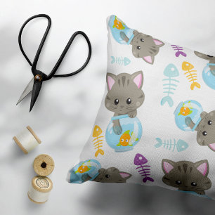 Almofada Decorativa Padrões De Gatos, Gatos Cutes, Gatinhos, Peixes