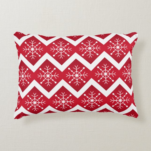 Almofada Decorativa Padrões de Neve de Natal Vermelho e Branco Chevron (Frente)