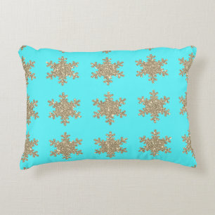 Almofada Decorativa Padrões Dourados com flocos de neve turquesa Azul