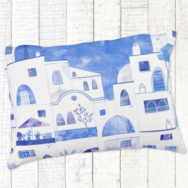 Almofada Decorativa Paisagem de Aquarela Grega de Santorini (Santorini Greece blue and white watercolor art pillow)