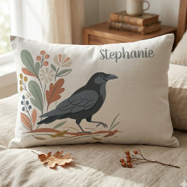 Almofada Decorativa Pássaro Corvo Negro Botânico Outono