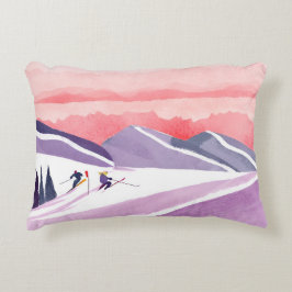 Almofada Decorativa Pastel Watercolor Ski Mountain Sunset