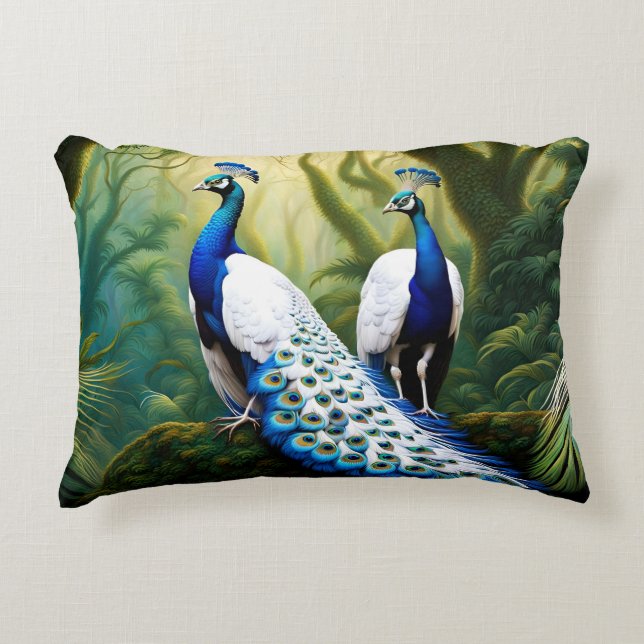 Almofada Decorativa Pavão branco-majestoso e azul na floresta (Frente)