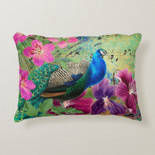 Almofada Decorativa Pavão Elegante Flores Azuis Rosa Verde