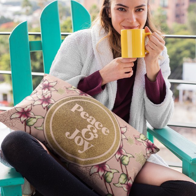 Almofada Decorativa Paz e Joy Pink Poinsettia Natal (Peace and Joy Pink Poinsettia Christmas Accent Pillow.)