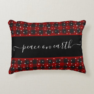 Almofada Decorativa Paz na terra Xadrez vermelho e preto com estrelas
