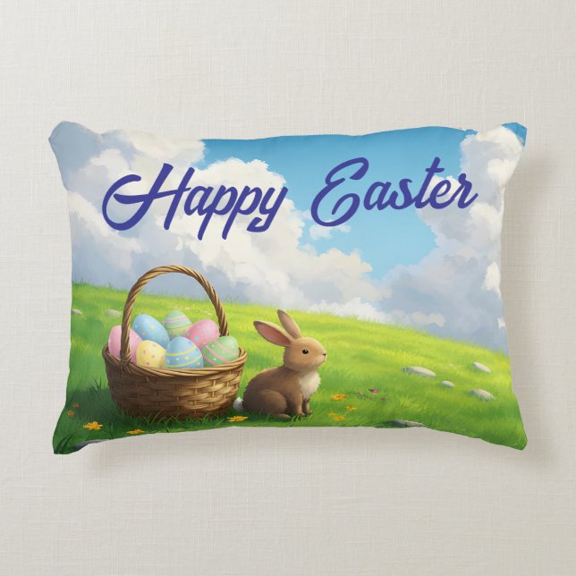 Almofada Decorativa Peaceful Easter Spring Meadow Bunny & Egg Basket (Frente)