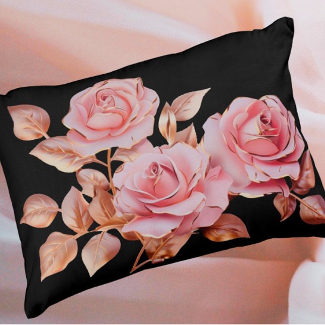 Almofada Decorativa Peach Pink Gold Roses on Black (Peach pink gold vintage roses on black background.)