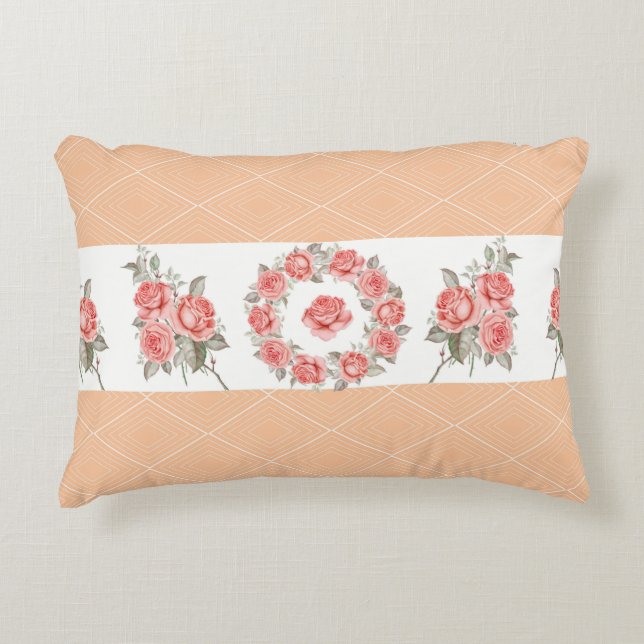 Almofada Decorativa Peach quadrados e Rosas (Frente)