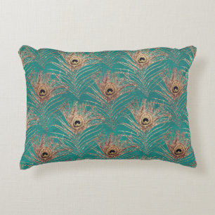 Almofada Decorativa Peacock feather vintage padrão teal gold elegant