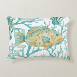 Almofada Decorativa Peixe Aquarela Dourado Turquesa