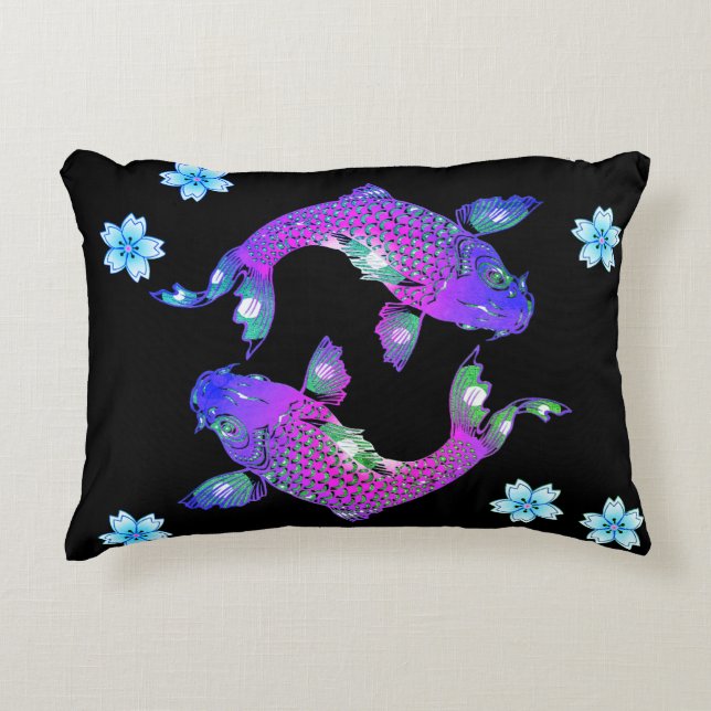 Almofada Decorativa Peixe-koi oriental yin yang yang negro, púrpura fl (Frente)