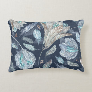 Almofada Decorativa Penas Chic Boho Flores: Azul Escuro-Aquarela P