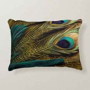 Almofada Decorativa Penas de Pavão Dourado Azul Elegante-Abstrato Azul