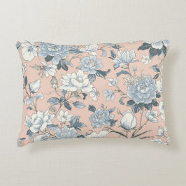Almofada Decorativa Peônias Azuis Floral Botânico Vintage Pêssego