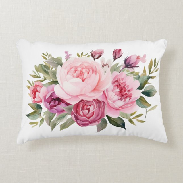 Almofada Decorativa Pêonias Rosa Flores Florais Aquarela Elegante (Frente)