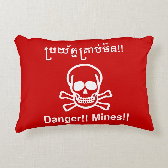Almofada Decorativa Perigo!! Minas!! ☠ Sinal Cambodjano Khmer ☠ (Frente)