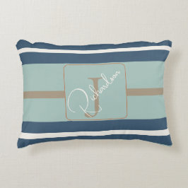 Almofada Decorativa Personalizado Azul Mint Bege Listra Monograma Cost