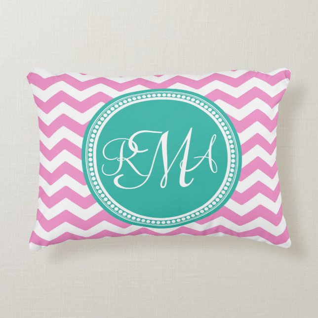 Almofada Decorativa Personalizado em Chevron, Rosa e Teal, com Monogra (Frente)