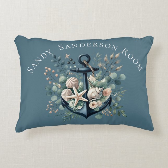 Almofada Decorativa Personalizar Boho Blue Costeiro Anchor Round (Frente)