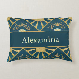Almofada Decorativa Personalized Art Deco Teal & Gold Geometric Name